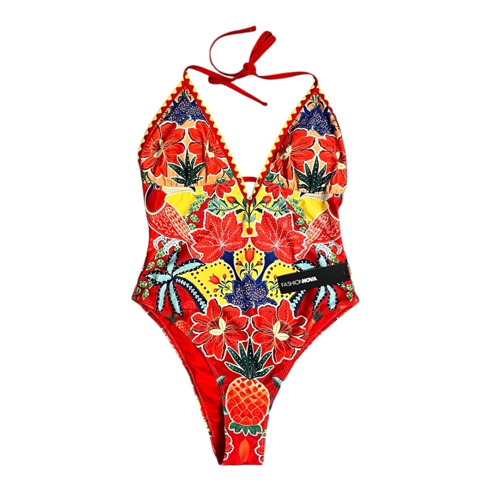 NWT Fashion Nova Stay Vibrant One Piece Swimsuit Size Medium Red Floral